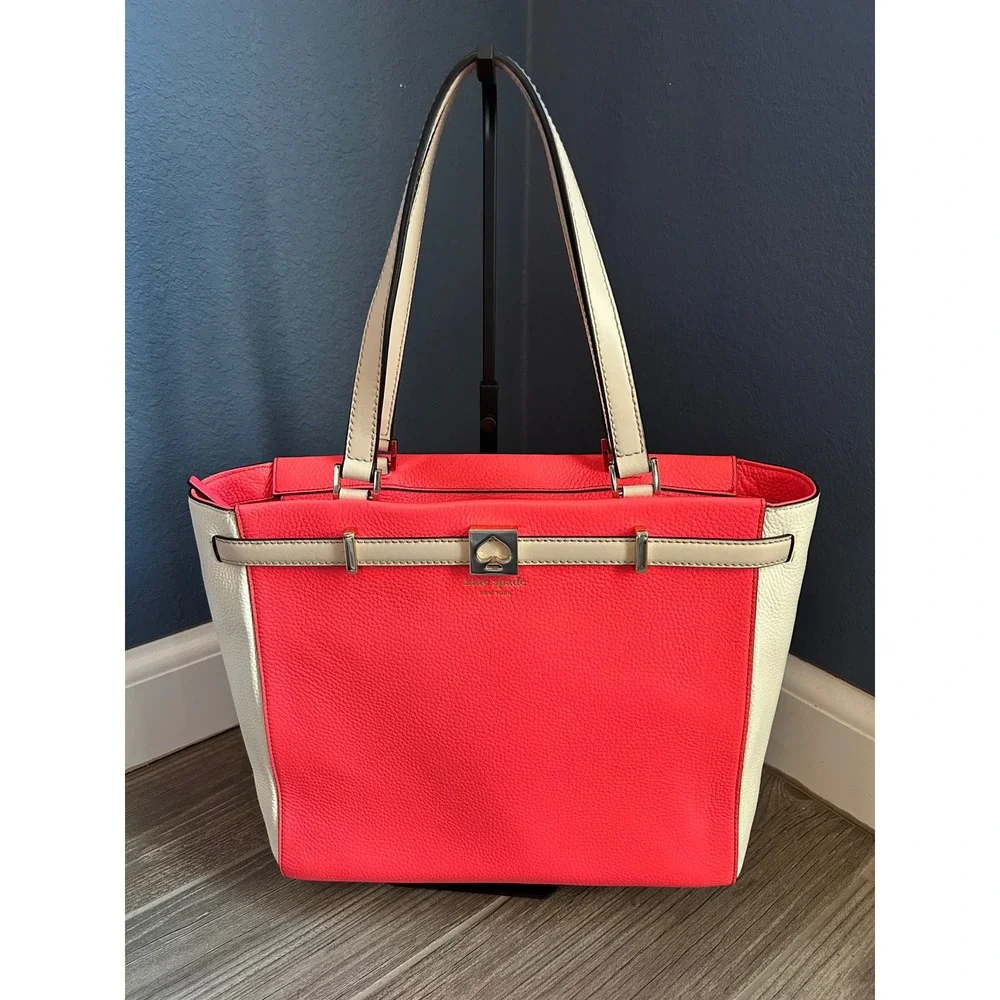 Kate Spade New York‎ Pebbled Leather Colorblock Tote Bag Coral Pink Purse w/ COA